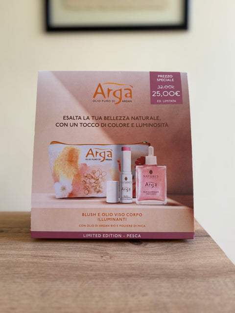 Kit Argà Pesca: Blush e Olio viso e Corpo Illuminanti Nature's con pratica Pochette LIMITED EDITION