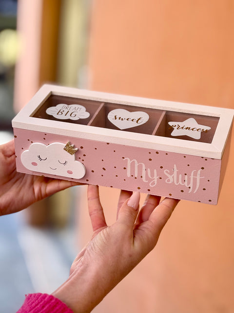 Scatola Tè, Tisane e spezie in Legno Rosa e Vetro decorato 3 scomparti