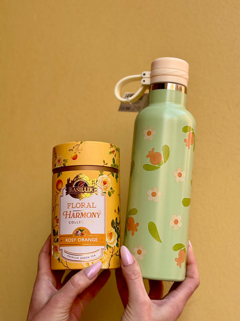 Kit  Borraccia Verde Thun con barattolo "Rosy Orange" Basilur