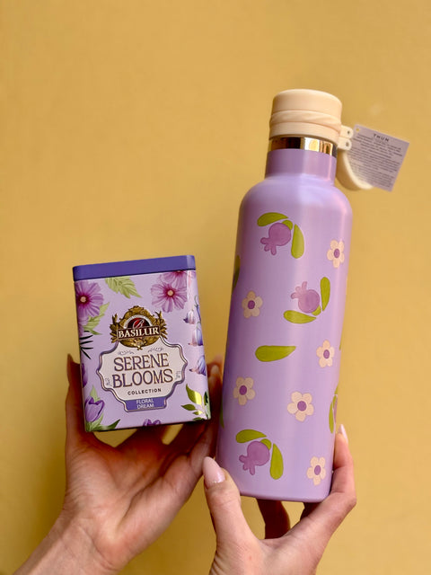 Kit  Borraccia Viola Thun con latta "Floral Dream" Basilur