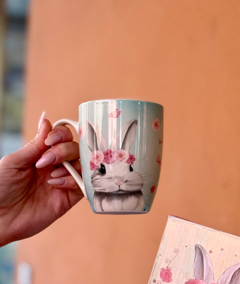 Tazza azzurra in porcellana con disegno coniglietto 300 ml