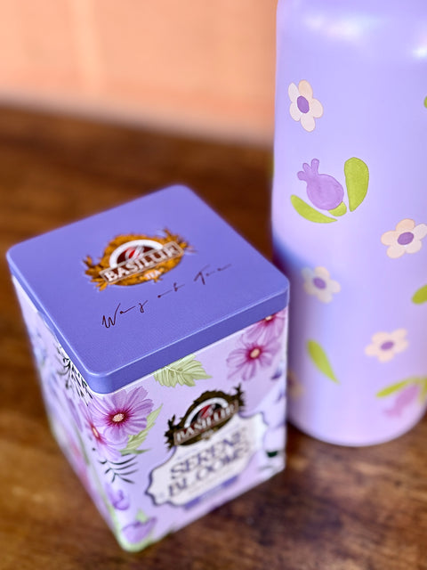 Kit  Borraccia Viola Thun con latta "Floral Dream" Basilur