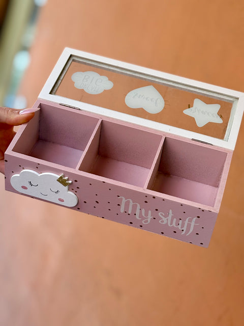 Scatola Tè, Tisane e spezie in Legno Rosa e Vetro decorato 3 scomparti