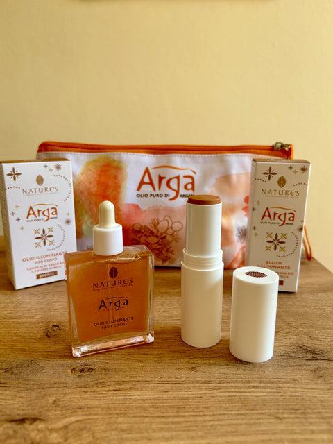 Kit Argà Bronze: Blush e Olio viso e Corpo Illuminanti Nature's con pratica Pochette LIMITED EDITION