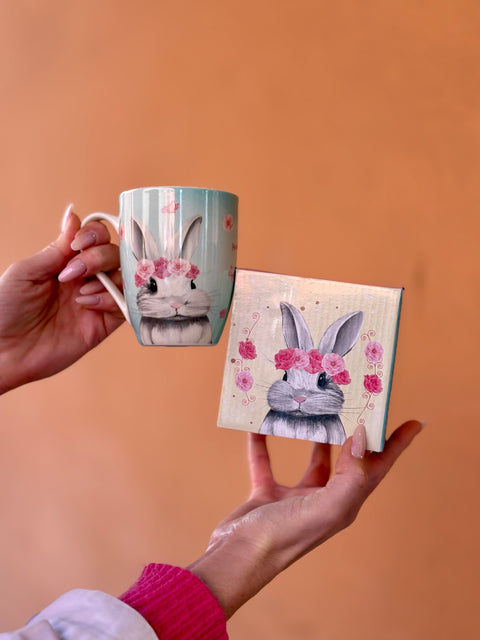 Tazza azzurra in porcellana con disegno coniglietto 300 ml