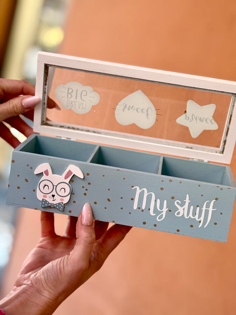 Scatola Tè, Tisane e spezie in Legno Azzurro e Vetro decorato 3 scomparti