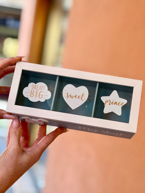 Scatola Tè, Tisane e spezie in Legno Azzurro e Vetro decorato 3 scomparti