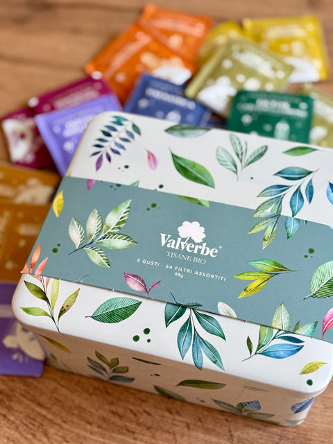 Cofanetto Regalo in scatola di latta: Tisane Valverbe 64 bustine assortite in 8 gusti differenti