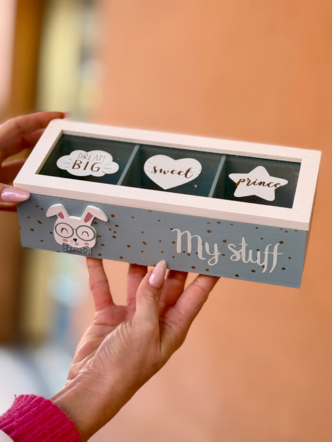 Scatola Tè, Tisane e spezie in Legno Azzurro e Vetro decorato 3 scomparti