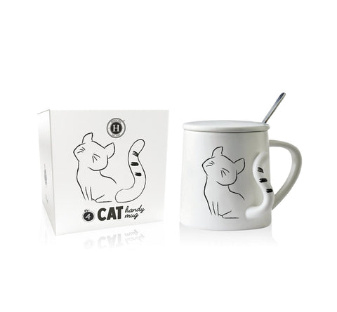 Tazza Mug in porcellana bianca con Gattino (nr.4) in rilievo, coperchio e cucchiaino