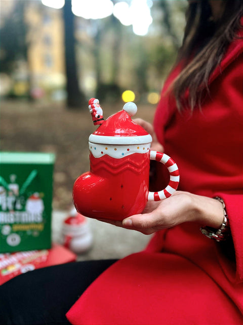 Cofanetto Regalo Tazza Calza di Babbo Natale in Ceramica con coperchio e cucchiaino decorato